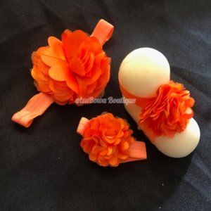 Orange Chiffon & Lace Barefoot Sandal & Headband Set (2) HANDMADE
